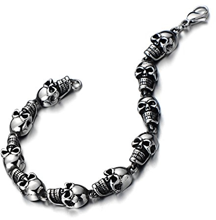 COOLSTEELANDBEYOND Unisex Schädel Armband für Herren für Damen Gliederarmband aus Edelstahl Silber Schwarz Zwei Töne Poliert
