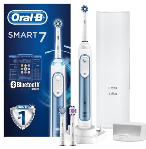 Oral-B Smart 7 Electric Toothbrush For Adults, App Connected Handle, 3 Toothbrush Heads & Travel Case, 5 Mode Display, Teeth Whitening, 2 Pin UK Plug, 7000N, Blue