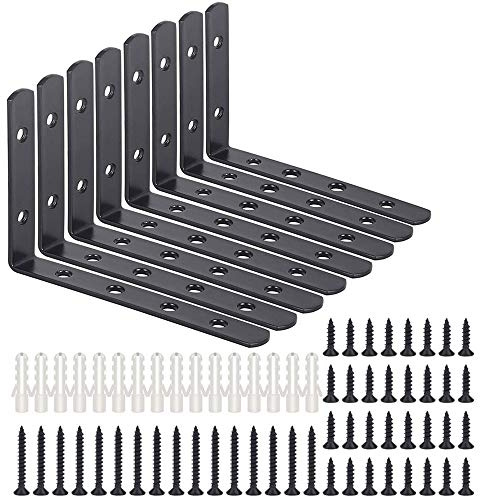 STARVAST Shelf Bracket, 8 Wall Support Corner Brace, 90 Degree Angle Bracket 125mm x 75mm x 20mm, Home Wall Rack Support Tools With 48 Screws and 16 Anchors (Black)