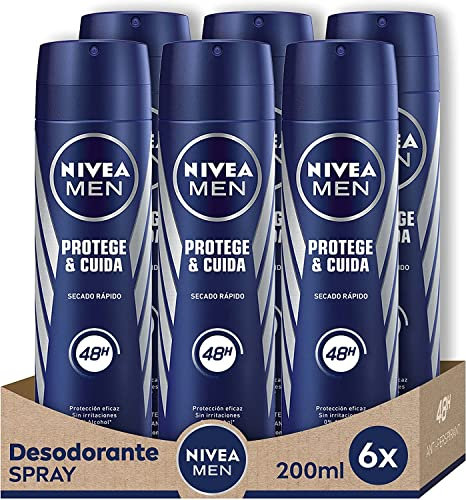 NIVEA MEN Protege & Cuida Spray en pack de 6 (6 x 200 ml), desodorante para hombre con máxima protección 72 horas, spray antitranspirante de cuidado masculino, 0% alcohol