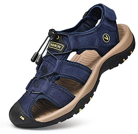 Sandales Homme Cuir Marche Randonnée Fermées Été Extérieur Chaussures de Sport Plage Chaussures d'eau Plage Closed-Toe ,Bleu,48 EU