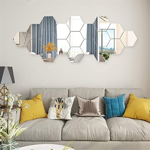 Xemz Hexagon Mirror Wall Stickers, 12Pcs Self-Adhesive Removable 3D Acrylic Mirror Plastic Sheet Tiles, Art DIY Home Decorative Mirror for Living Room Sofa TV Background Bedroom Wall Decoration
