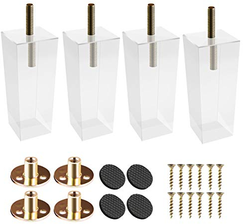 4 inch Pieds De Meuble en Acryliques Solide, Btowin 4 Pièces Pieds De Table Remplacement Modernes avec Plaques De Montage 5/16 inch Filetés & Vis & Prodecteur pour DIY Café Chaise Bureaux Carré