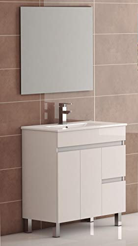 EL ALMACEN DEL PROFESIONAL Juego de Mueble de Baño Modelo Egipto Porcelana, Conjunto formado por Mueble de Baño Estilo Madera Color Lacado en Blanco Ancho 80cm, Lavabo de Porcelana y Espejo a Juego