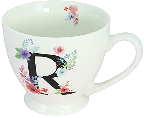 G Decor White Floral, 350ml, Alphabet A-Z Ceramic Tea Coffee XL Cup Mug, Novelty Drinkware for Morning or Evening Drink (R)