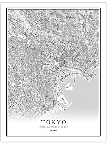SONG Leinwand Bild, Tokyo Japan Stadtplan Malerei Schwarz Weiß Einfach Minimalist Art Wandbild Poster Rahmen Weniger Bild, Moderne Vertikale Malerei Cafe Office Home Decor,30 * 40cm