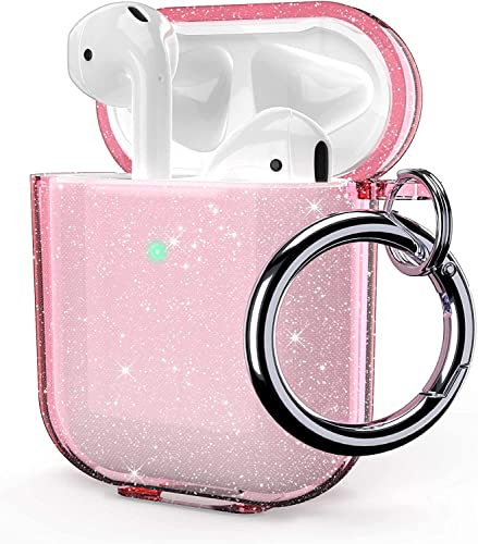 ULAK für AirPods 2&1 Hülle, Durchsichtig Stoßfest Hülle Dünn Schutzhülle mit Karabiner Transparent Ladecase für Apple AirPods 2/AirPods 1 (LED an der Frontseite Sichtbar) - Rosa Glitzer