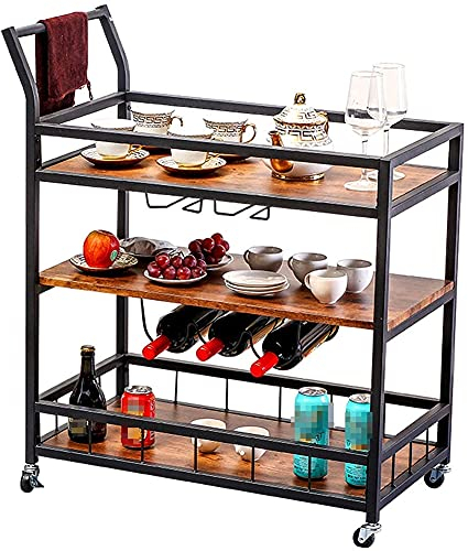 MNSSRN Carrello di Vino Mobile da Cucina a 3 Livelli, Bottiglia di Bottiglia in Legno Bottiglia in Metallo con Cerniere, Cucina, Bar, Ristorante per Vino, Trolley Alimentare