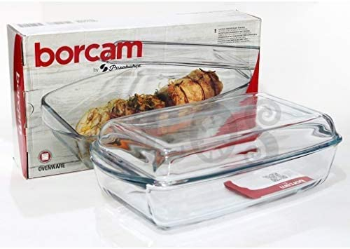 Topkapi Borcam 59010 - Fuente para horno rectangular de cristal con tapa, 2 piezas, 34 x 19 cm