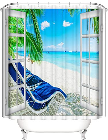OCEUMACO 3D Strand Motiv Duschvorhang 240x200 Blau Meer Fenster Shower Curtains Textil Antischimmel Wasserdicht Grün Palmen Blätter Beige Duschvorhänge Badewanne Stoff aus Polyester Waschbar