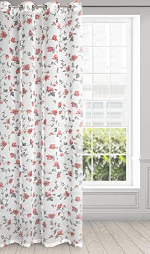 Eurofirany Jenny Transparent Blumen Gardine mit Ösen 1 STK. Leicht Leinenoptik Wohnzimmer Küche Kinderzimmer Schlafzimmer, Fenstervorhang, 140x250cm, Weiß und Ziegelrot, 401383