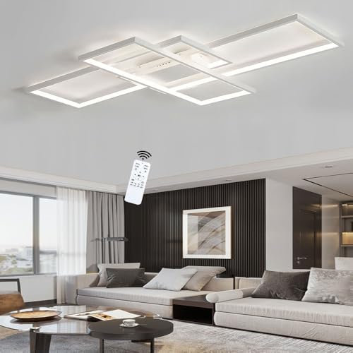 90W LED Deckenlampe mit Fernbedienung 3000K-6000K Dimmbar Weiß Deckenleuchte, Rechteckige Anmut Design Aluminium Deckenlampe 8600LM, Wohnzimmerlampe Schlafzimmerlampe Küchenlampe L140cm × W80cm
