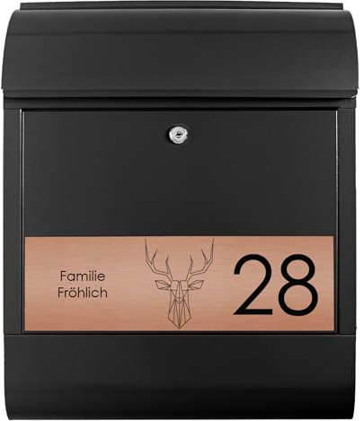 banjado Briefkasten personalisiert mit graviertem Namensschild in Kupfer - Wandbriefkasten Schwarz - Postkasten mit Hausnummer, Namen & Motiv Sternbild Hirsch - Briefkasten mit Zeitungsfach
