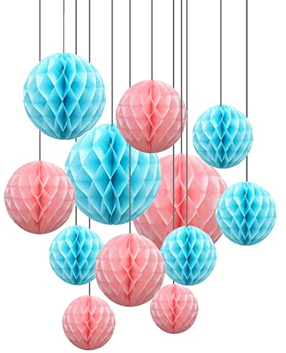 ZYOOO 12 Stück Seidenpapier Wabenbälle Deko Blau und Rosa Party Dekoration Kit - 15,3 cm, 25,4 cm