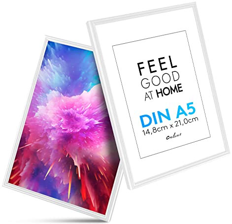 Calias® [2 STK.] Bilderrahmen A5 - Kunststoff Bilderrahmen Weiß mit bruchsicherem Plexi Glas - Fotorahmen inkl. Aufsteller und Aufhängung - Hochwertige Bilder Rahmen Made in EU