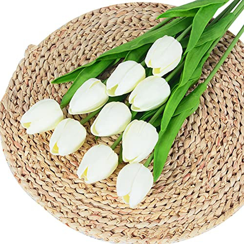 10 Stück künstliche Tulpen,PU Real Touch Latex Kunstblumen Tulpen Kunstpflanze Kunst Tulpen Deko Elegante Blumendekoration für Brautsträuße, Haus, Party, Büro, DIY Blumenarrangements,Milchig Weiß