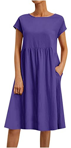 Susenstone Femme Robe Lin Été Mi-Longue Manches Couleur Unie Robe Courte Au Genou Robe Casual Col V e Grande Taille Tunique Robe Travail Chic et Elegant Robes Soie Plage Poches XL Violet
