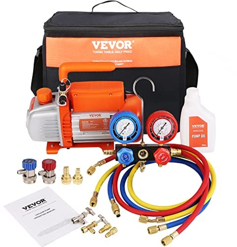 VEVOR Pompa a Vuoto per Aria condizionata, da 100 l/min, 1440 Giri/min, 150 W, HVAC, con calibri e Tubo in Gomma Tricolore, Custodia per Il Trasporto, per refrigeratore da Auto R134a, R1234yf