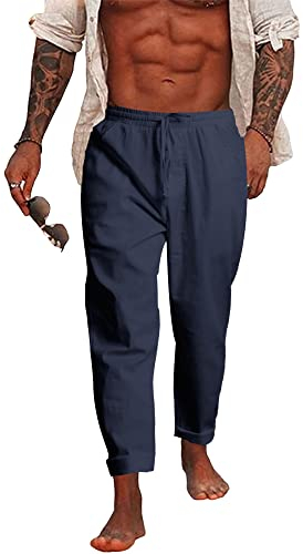 NANAMEEI Leinenhose Herren Lang Slim Fit Strandhose Sommer Baggy Freizeithose Yoga Navy Blau L