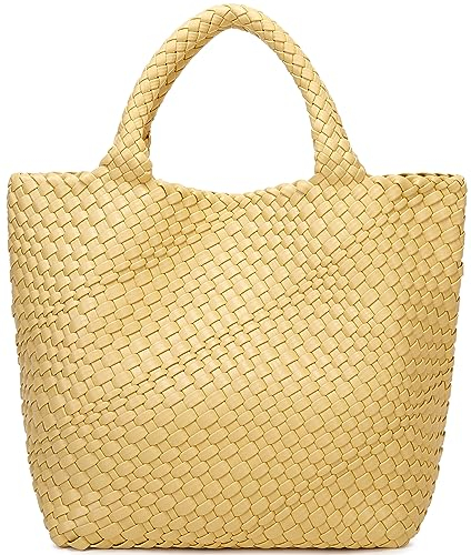 Queenoris Gewebte Tasche für Damen, veganes Leder, Tragetasche, groß, Sommer, Strand, Reisen, Handtasche und Geldbörse, Retro, handgefertigte Umhängetasche, gelb, Large
