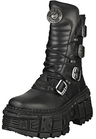 CARAMBAShop NEW ROCK Stivali Donna Piattaforma Fibbie Cerniera Nero TANK Metallic Collection Black Woman Boots M.WALL373-S1, Nero , 43 EU