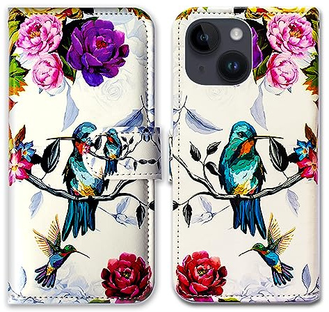 Bcov Case for iPhone 15 Plus,Hummingbird In Flowers Bird Leather Flip Phone Case Wallet Cover with Card Slot Holder Kickstand For iPhone 15 Plus
