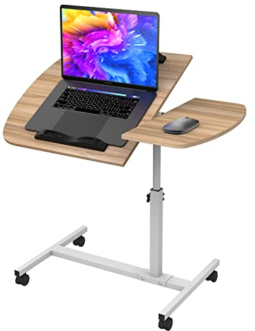 PIPIPOXER 60x40cm Table Roulante pour Lit Canapé avec Bandes Antidérapantes, Bureau Mobile Réglable en Hauteur 61-95cm, Bureau Informatique 4 Roulante Verrouillable, Table Roulante pour Chambre,Bois