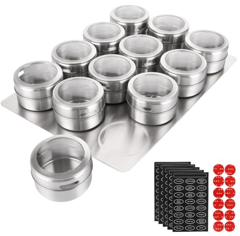 APACALI 12pcs Pots à Épices Magnétiques, Bocaux à Épices en Acier Inoxydable avec base murale et Trous Réglables, Boîtes à Épices Cuisine Magnétiques avec Étiquettes