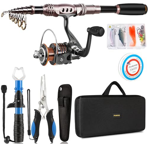 PLUSINNO Angelrute und Rolle Combos Kohlefaser Teleskop Angelrute mit Rolle Combo Meer Salzwasser Süßwasser Kit Angelrute Kit, PLFBOFS02-US-FBA