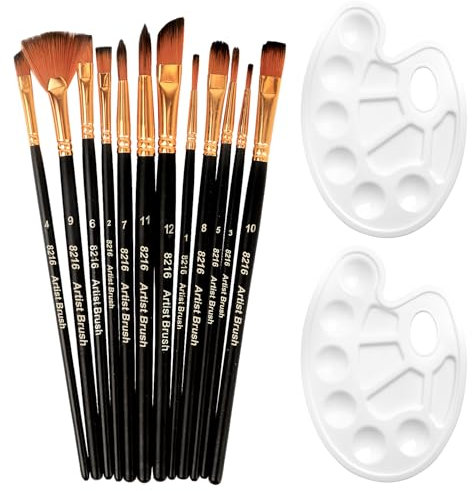 Roosea 12 PCS Paint Brush Set and 2 PCS Painting Palette - Small Brushes for Acrylic, Oil, Watercolor, Gouache, and Face Painting - Different Sizes