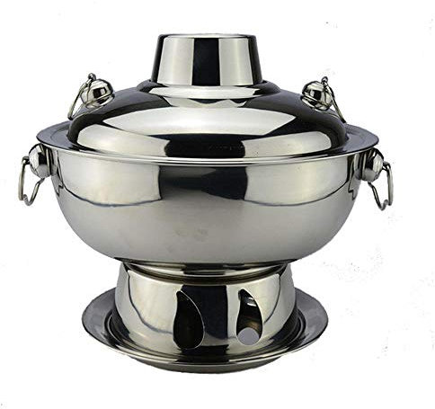 Stainless Steel Charcoal Hot Pot with Chimney, Electric Fondues 1.8 Liters Stainless Steel Hot Pot Chinese Fondue Lamb Chinese Charcoal Hotpot Outdoor Cooker Picnic Cooker(Silver)