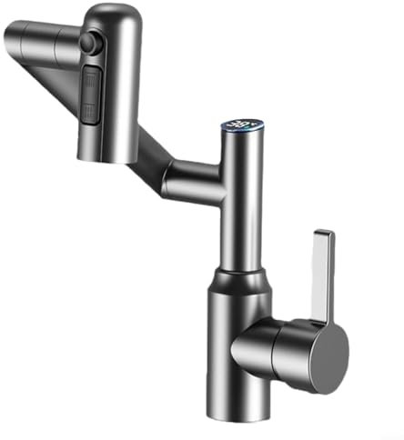 Feegow Waterfall Kitchen Tap With Temperature Display, Digital Display LED Faucet Basin Taps Mixer Waterfall Bathroom Sink Tap Mixers Stream Sprayer(grey)