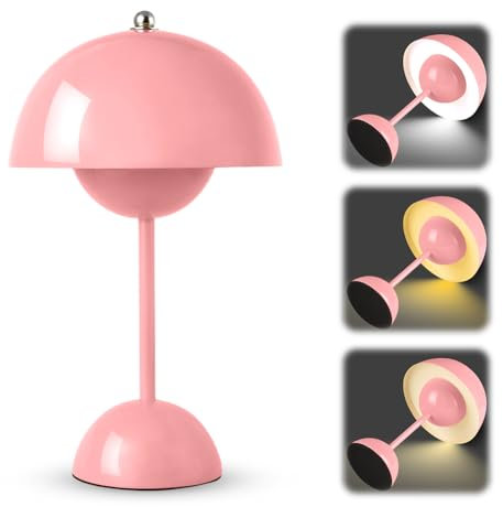 Lámpara de mesa rosa Flowerpot, lámpara de mesa LED inalámbrica con batería, 3000 K-6000 K, moderna, recargable, táctil, regulable, lámpara de noche con 3 modos de brillo, lámpara de seta para