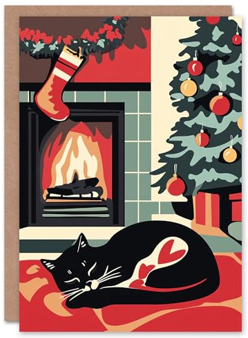 Artery8 Fireplace Decorated Tree Cat Lover Blank For Him Or Her Art Xmas Festive Christmas Card