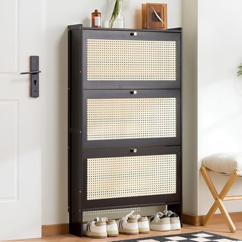 3 Tier Rattan Shoe Cabinet Bamboo Free Standing Shoe Organizer with 3 Flip Drawers Narrow Shoe Storage Cabinet for Entryway Hallway Bedroom Brown(B)