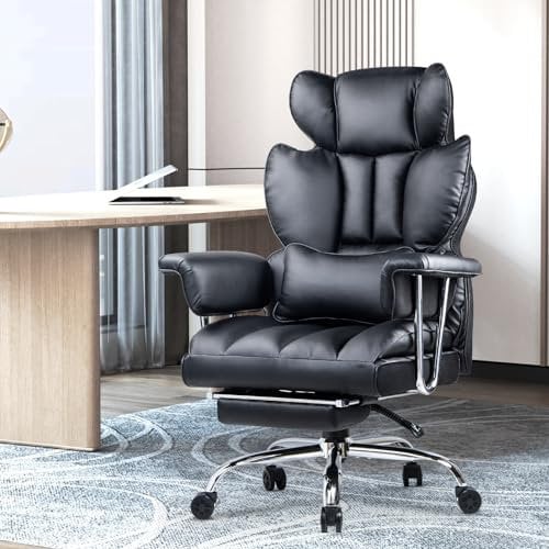 naspaluro High Back PU Leather Ergonomic Computer Recliner, Big Tall Executive Desk Office Chair with Armrests/Footrest, Comfy Heavy Duty Swivel Study Chairs, Adjustable Home Office Black Work Chair