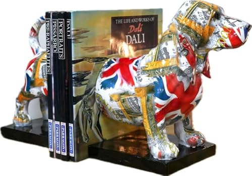 Pair of British Print Dog Bookends | Sausage Dog Dachshund Basset | London Vehicle Union Jack Print