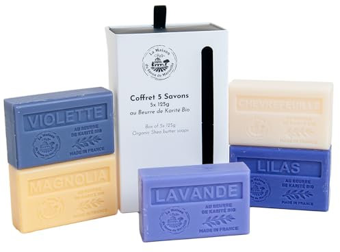 La Maison du Savon de Marseille - French Soaps - 5 x 125g Bars - Organic Shea Butter Moisturising Skincare Gift Set - Floral Fragrances - Violet - Honeysuckle - Magnolia - Lilac - Lavender