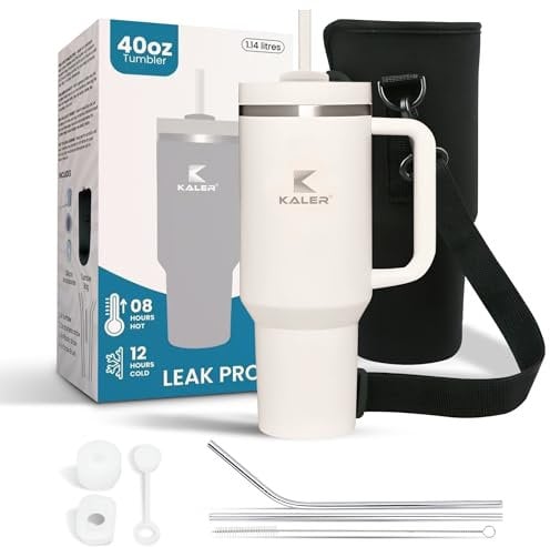 kaler,Travel Mug with Handle Coffee Cup,Water Cup, 40oz Tumbler with Straw lid and Handle,Leakproof,Stainless Steel,Gift for Woman and Man(Cream)