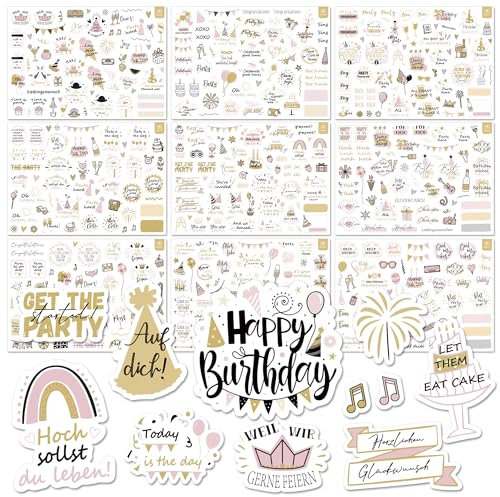 BIROYAL 12 Blätter Sticker Geburtstag Set - über 500 Aufkleber für Gästebuch Geburtstag, Fotoalbum, Geburtstagskarten & Geschenke - Geburtstag Deko voller Liebe für Kinder Erwachsene (17 x 24 cm)