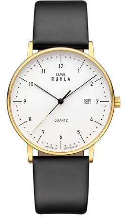 UMR RUHLA 30432 sw – L'élégance rencontre la précision – Montre avec mouvement à quartz 705 – Boîtier en acier inoxydable poli plaqué or IP – Cadran blanc – Verre minéral – Bracelet en cuir noir