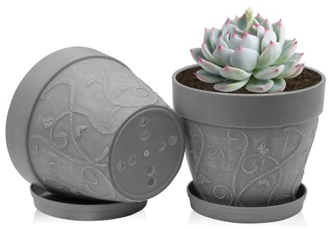 ZMTECH 17.5 cm Plant Pots with Saucers & Drainage Holes, 7 Inch Plastic Terracotta-Look Planter, Medium Flower Pot with Tray for Indoor Outdoor Peace Lily Herb House Plants (Grey, Set of 2)