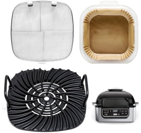 Criditpid Non-Stick Grill Grate, Stainless Steel Splatter Shield & Air Fryer Sheets Liners Kit Replacement Parts for Ninja AG301 AG300 AG302, Air Fryer Accessories for Foodi 5-in-1 Indoor Grills.