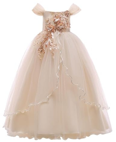 Générique Robe de Princesse pour Fille élégante Robe de soirée Longue à épaules dénudées Tenue de Bal pour Enfants Robe de fête pompeuse (Beige, 6-7 Years)