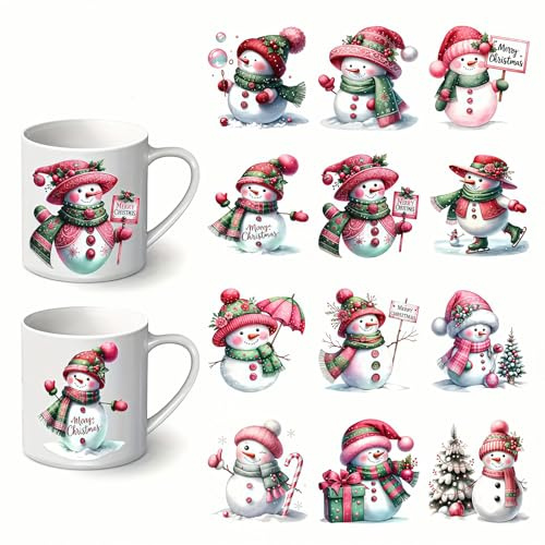 12pcs Merry Christmas Tree Pink Snowman Tree UV DTF Cup Wraps Transfer Waterproof Sticker for Glass Cups Furniture Craft DIY Crafts，Rub on Transfer Stickers for DIY Water Bottle Laptop Decal Wood Car