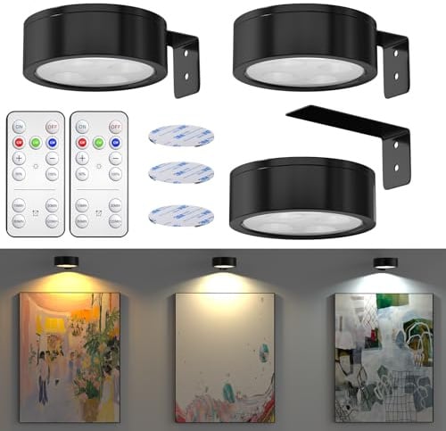 HeatingLux 3 Luces Para Cuadros con Mando, Aplique Luz Cuadros Sin Cable 3 temperaturas de color, Luces Inalámbricas para Cuadros, Luz Pintura LED Magnético para diana, marco de imagen y retrato