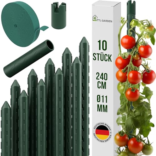 TTL GARDEN Rankstäbe 10er Set 240cm x 11mm Ø grün - Rankhilfe + Klettband | - Rankstäbe Stahl rostfrei kunststoffbeschichtet Pflanzenstütze Blumenstütze für Tomaten, Paprika, Gurken, Bohnen & Blumen
