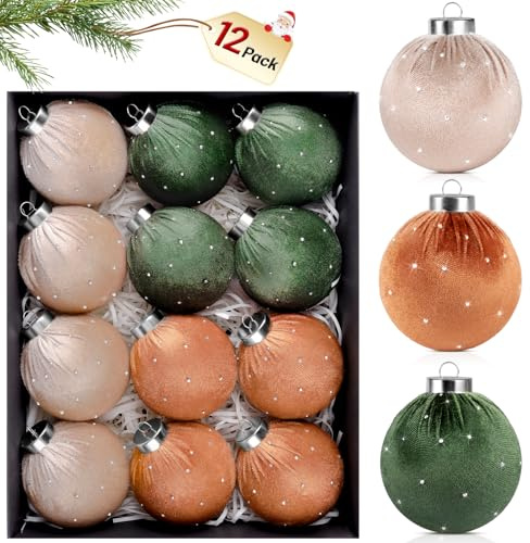 TonJin Weihnachtsbaumschmuck, Samtkugeln, 80 mm, bruchsicher, zum Aufhängen, beflockt, groß, leicht, mehrfarbig, grün, braun, neutral, Urlaub, Party, Heimdekoration, 12 Stück