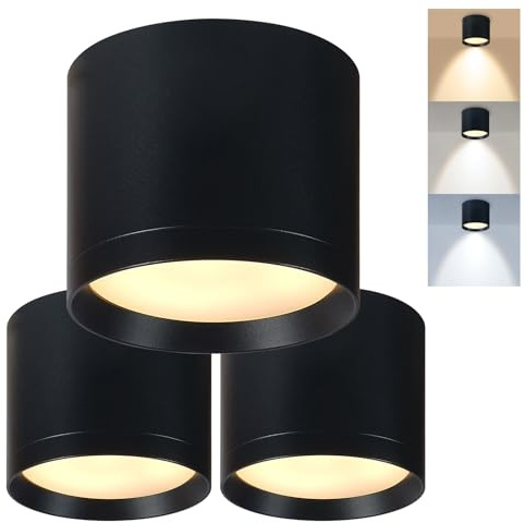 HCFEI Aufbauspot schwarz - IP44 & flimmerfrei - Ø85x70mm - Aufputz Spots Decke inkl. 5W GX53 LED 230V 3000K/4000K/6500K - Deckenspots, Aufbaustrahler, Aufputz Deckenstrahler (Schwarz, 3er Set)