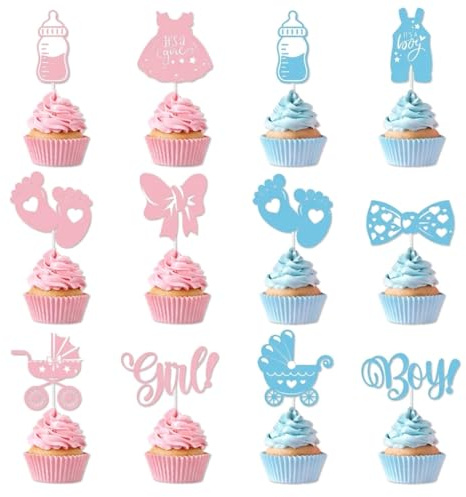 ROKZELT Oh Baby Cake Topper, 36 Stück Gender Reveal Party Deko, Tortendeko Für Babyparty, Taufe, Geburtstag, Muffin Cupcake Deko, Für Mädchen Und Jungen, Blau Rosa